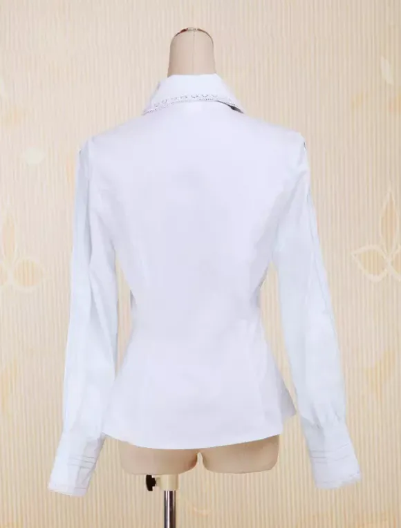 White Cotton Lolita Blouse Long Sleeves Turn-down Collar Bow
