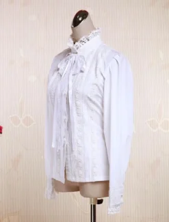 White Cotton Lolita Blouse Long Sleeves Stand Collar Lace Trim Lace Up