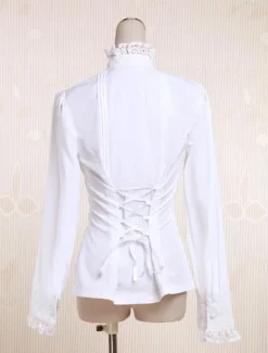 White Cotton Lolita Blouse Long Sleeves Stand Collar Lace Trim Lace Up