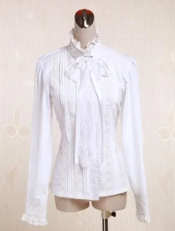 White Cotton Lolita Blouse Long Sleeves Stand Collar Lace Trim Lace Up