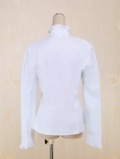 White Cotton Lolita Blouse Long Sleeves Stand Collar Lace Trim Ruffles