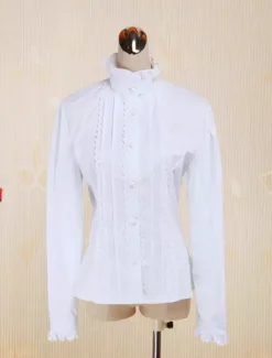 White Cotton Lolita Blouse Long Sleeves Stand Collar Lace Trim Ruffles