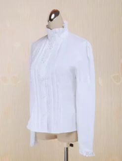 White Cotton Lolita Blouse Long Sleeves Stand Collar Lace Trim Ruffles