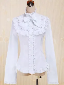 White Cotton Lolita Blouse Long Sleeves Stand Collar Lace Trim Ruffles Bow