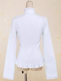 White Cotton Lolita Blouse Long Sleeves Stand Collar Lace Trim Ruffles Bow