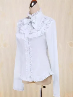White Cotton Lolita Blouse Long Sleeves Stand Collar Lace Trim Ruffles Bow