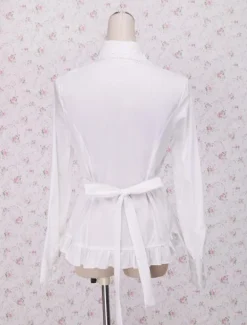 White Cotton Lolita Blouse Long Sleeves Waist Belt Ruffles Trim