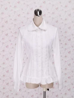 White Cotton Lolita Blouse Long Sleeves Waist Belt Ruffles Trim