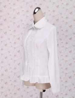 White Cotton Lolita Blouse Long Sleeves Waist Belt Ruffles Trim