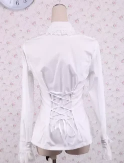 White Cotton Lolita Blouse Long Sleeves Lace Trim Turn-down Collar Black Bow