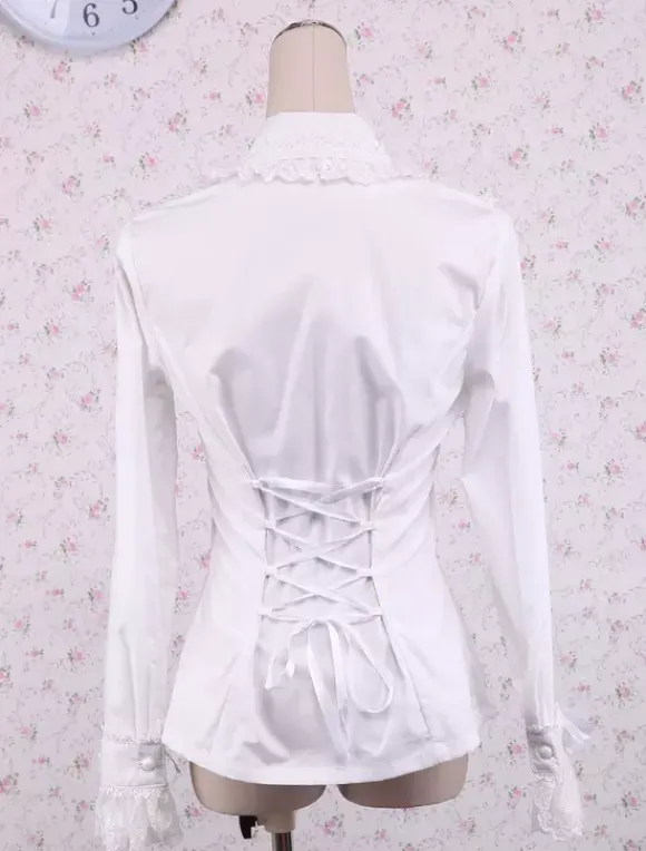 White Cotton Lolita Blouse Long Sleeves Lace Trim Turn-down Collar Black Bow
