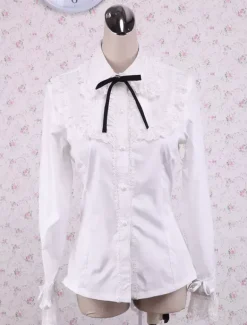 White Cotton Lolita Blouse Long Sleeves Lace Trim Turn-down Collar Black Bow