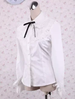 White Cotton Lolita Blouse Long Sleeves Lace Trim Turn-down Collar Black Bow