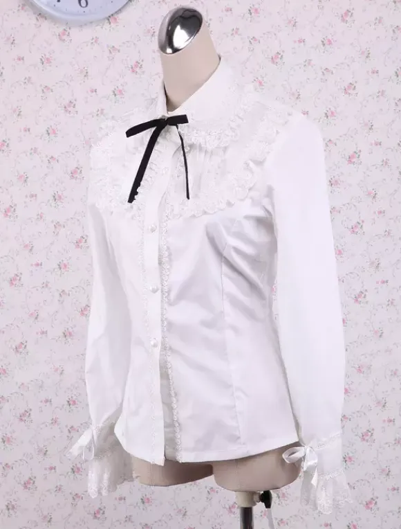 White Cotton Lolita Blouse Long Sleeves Lace Trim Turn-down Collar Black Bow