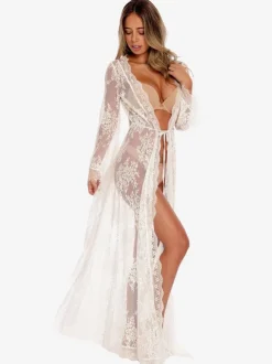 White Cover Ups Lace Long Sleeves Bridal Nightgown Beach Vacation Bohemian Long Dress For Women