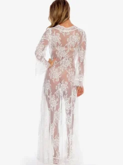White Cover Ups Lace Long Sleeves Bridal Nightgown Beach Vacation Bohemian Long Dress For Women
