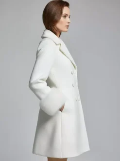 White double-breasted wool Blend coat with wide lapel And Faux fur cuffs For Women 2026