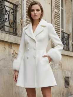 White double-breasted wool Blend coat with wide lapel And Faux fur cuffs For Women 2026