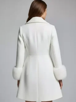White double-breasted wool Blend coat with wide lapel And Faux fur cuffs For Women 2026
