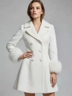 White double-breasted wool Blend coat with wide lapel And Faux fur cuffs For Women 2026