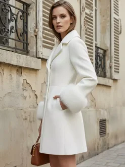 White double-breasted wool Blend coat with wide lapel And Faux fur cuffs For Women 2026