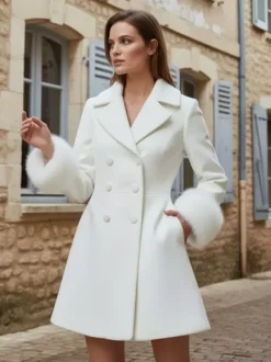White double-breasted wool Blend coat with wide lapel And Faux fur cuffs For Women 2026