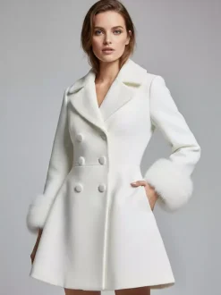 White double-breasted wool Blend coat with wide lapel And Faux fur cuffs For Women 2026