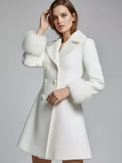 White double-breasted wool Blend coat with wide lapel And Faux fur cuffs For Women 2026