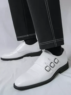 White Dress Shoes Men's Round Toe Buckle Detail Casual Shoes