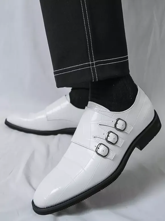 White Dress Shoes Men's Round Toe Buckle Detail Casual Shoes