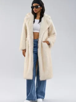 White Faux Fur Coats Notched Lapel Oversized Winter Long Jacket For Women 2026