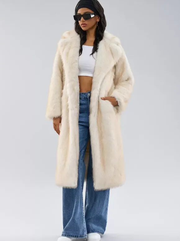 White Faux Fur Coats Notched Lapel Oversized Winter Long Jacket For Women 2026