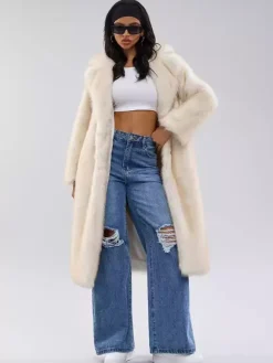 White Faux Fur Coats Notched Lapel Oversized Winter Long Jacket For Women 2026