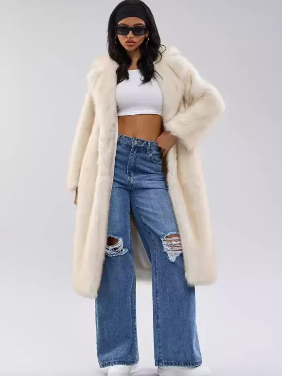 White Faux Fur Coats Notched Lapel Oversized Winter Long Jacket For Women 2026