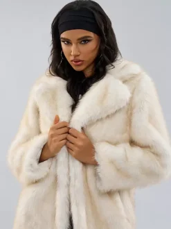 White Faux Fur Coats Notched Lapel Oversized Winter Long Jacket For Women 2026