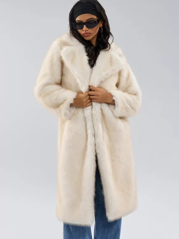 White Faux Fur Coats Notched Lapel Oversized Winter Long Jacket For Women 2026