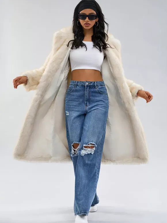 White Faux Fur Coats Notched Lapel Oversized Winter Long Jacket For Women 2026
