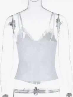 White Floral Lace Corset Top Spaghetti Strap V Neck Front Hook Bone Structured Bustier Crop Top