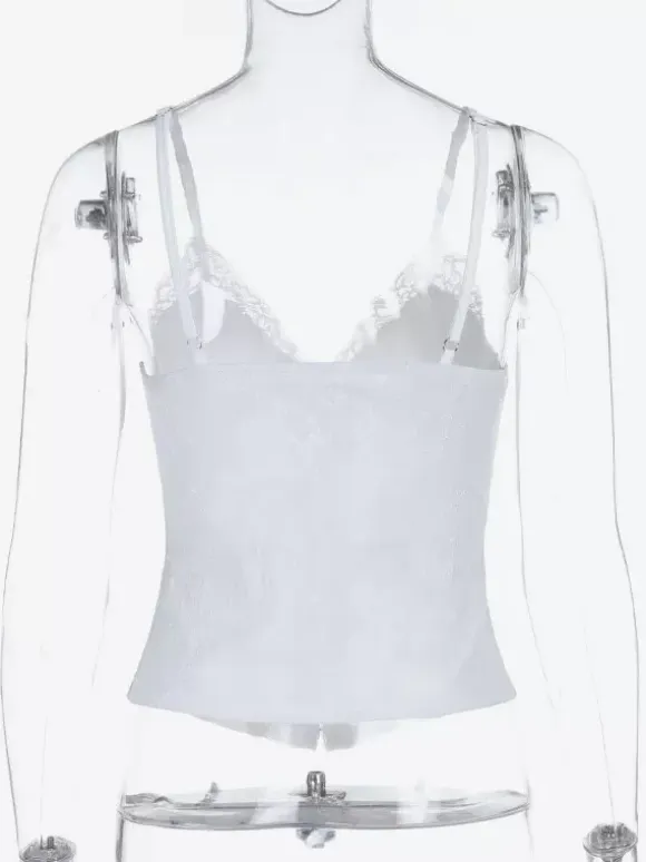 White Floral Lace Corset Top Spaghetti Strap V Neck Front Hook Bone Structured Bustier Crop Top