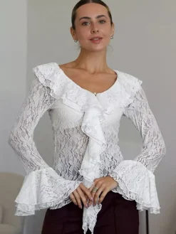 White Floral Lace Women Blouse - Elegant Ruffle Flare Sleeve Sheer Top - Coquette Fairycore Spring Night Out Clubwear 2026