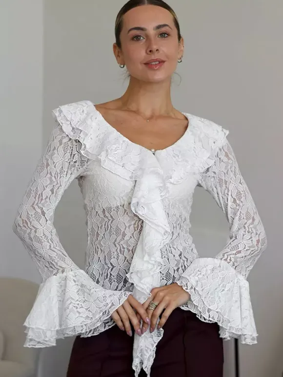 White Floral Lace Women Blouse - Elegant Ruffle Flare Sleeve Sheer Top - Coquette Fairycore Spring Night Out Clubwear 2026