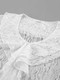 White Floral Lace Women Blouse - Elegant Ruffle Flare Sleeve Sheer Top - Coquette Fairycore Spring Night Out Clubwear 2026