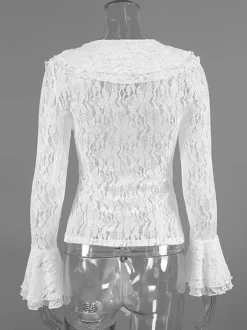 White Floral Lace Women Blouse - Elegant Ruffle Flare Sleeve Sheer Top - Coquette Fairycore Spring Night Out Clubwear 2026