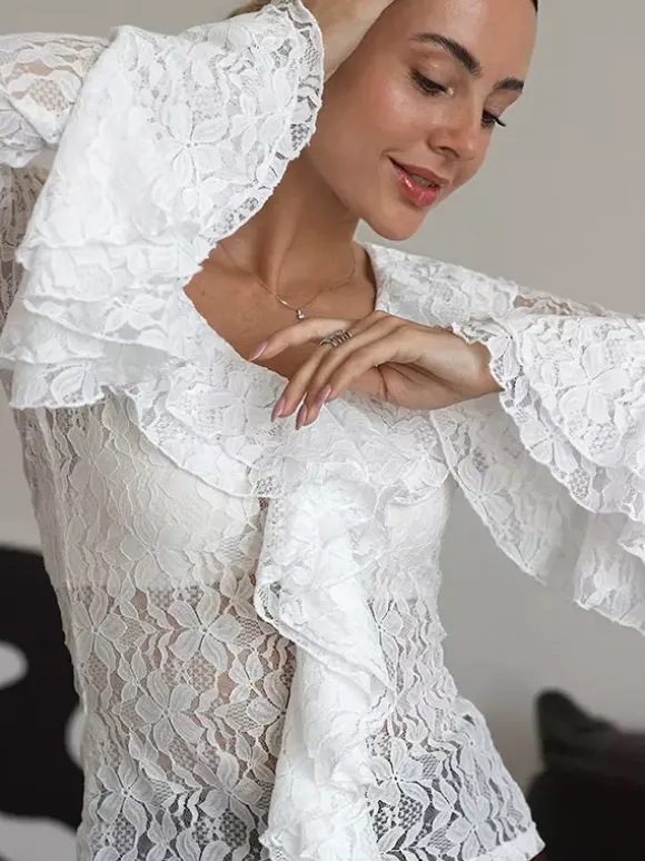 White Floral Lace Women Blouse - Elegant Ruffle Flare Sleeve Sheer Top - Coquette Fairycore Spring Night Out Clubwear 2026