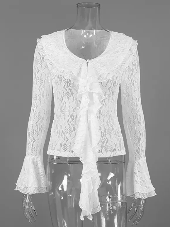 White Floral Lace Women Blouse - Elegant Ruffle Flare Sleeve Sheer Top - Coquette Fairycore Spring Night Out Clubwear 2026