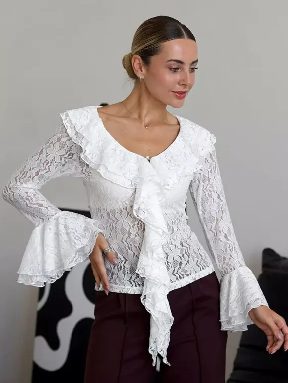 White Floral Lace Women Blouse - Elegant Ruffle Flare Sleeve Sheer Top - Coquette Fairycore Spring Night Out Clubwear 2026