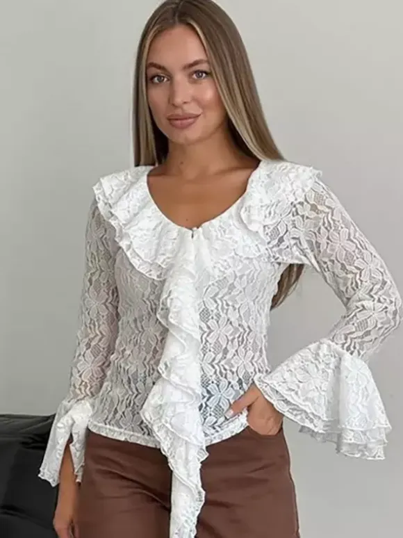 White Floral Lace Women Blouse - Elegant Ruffle Flare Sleeve Sheer Top - Coquette Fairycore Spring Night Out Clubwear 2026