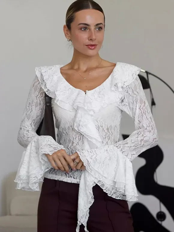White Floral Lace Women Blouse - Elegant Ruffle Flare Sleeve Sheer Top - Coquette Fairycore Spring Night Out Clubwear 2026