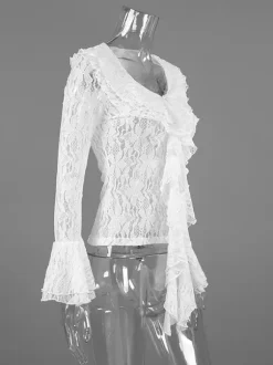 White Floral Lace Women Blouse - Elegant Ruffle Flare Sleeve Sheer Top - Coquette Fairycore Spring Night Out Clubwear 2026