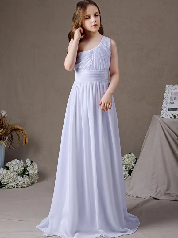 White Flower Girl Dress Chiffon Pleated One-Shoulder Sleeveless Kids Birthday Party Dresses